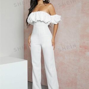 SHEIN , white,ruffle shoulder jumpsuit